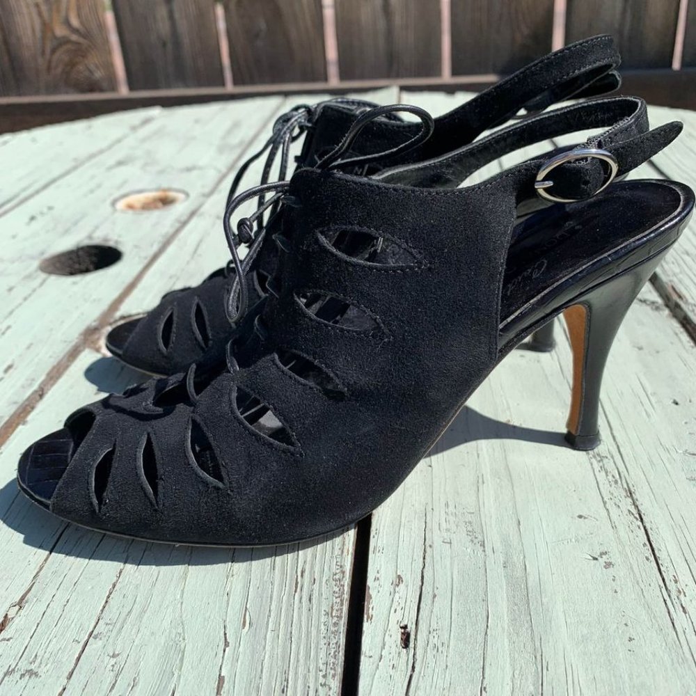 SALE! Donald J Pliner Black Suede Lace-Front Sling-Back Heeled Sandals 7M